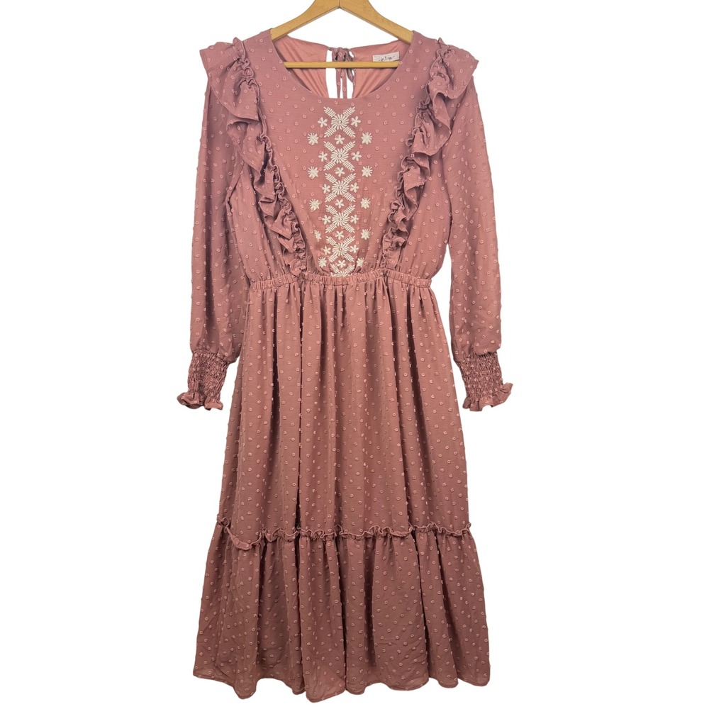 In Loom Mauve Swiss Dot Embroidered Ruffle Midi Dress Large